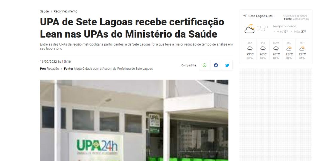 UPA de Sete Lagoas recebe certificação Lean nas UPAs do Ministério da Saúde