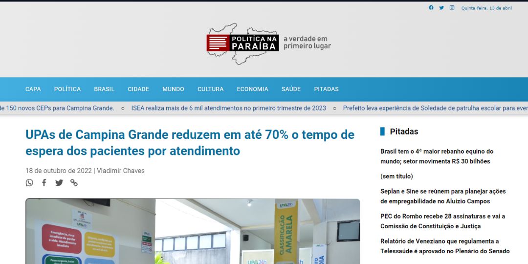 UPAs de Campina Grande reduzem em até 70% o tempo de espera dos pacientes por atendimento